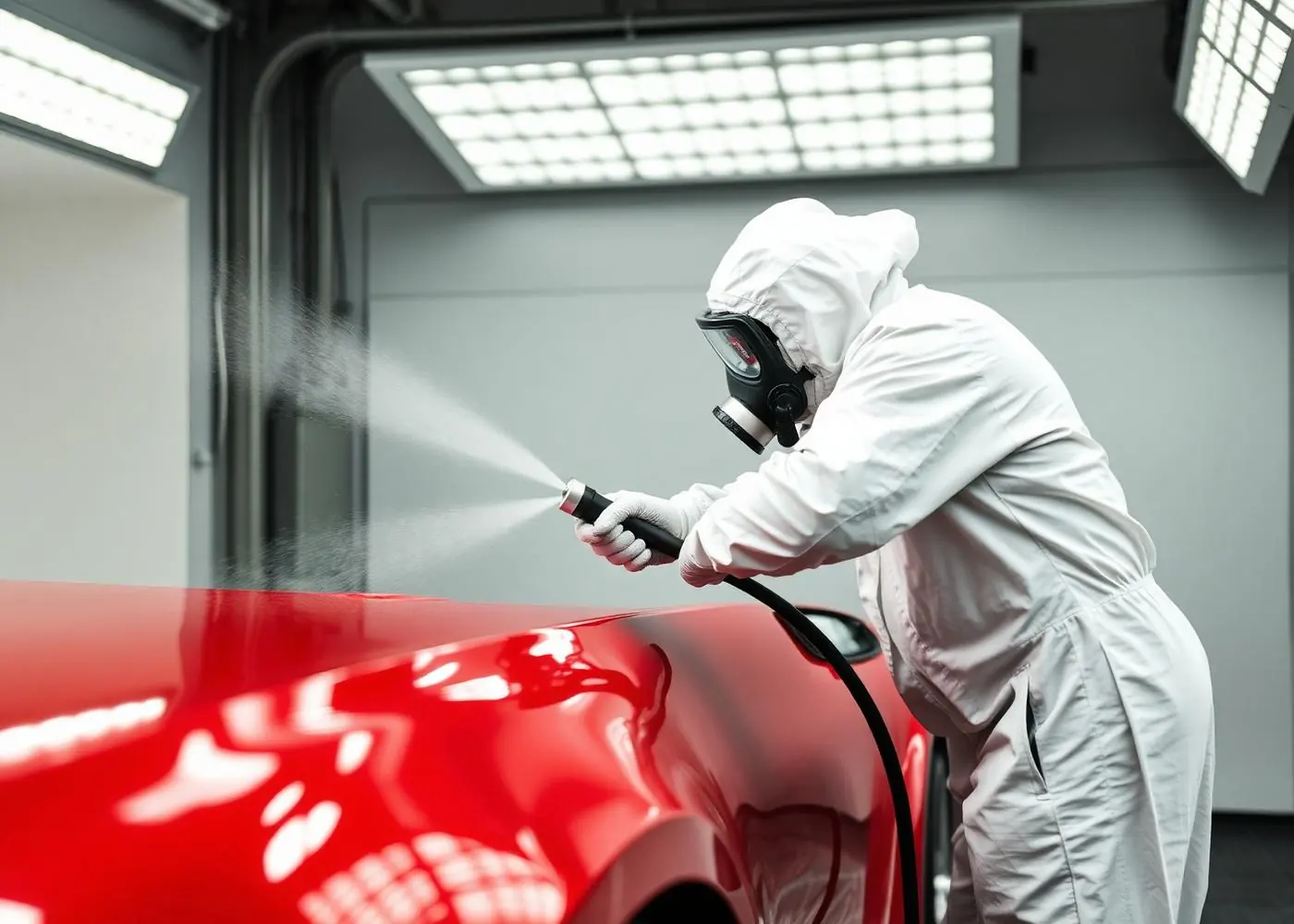 Painter refinishing a car panel in the booth