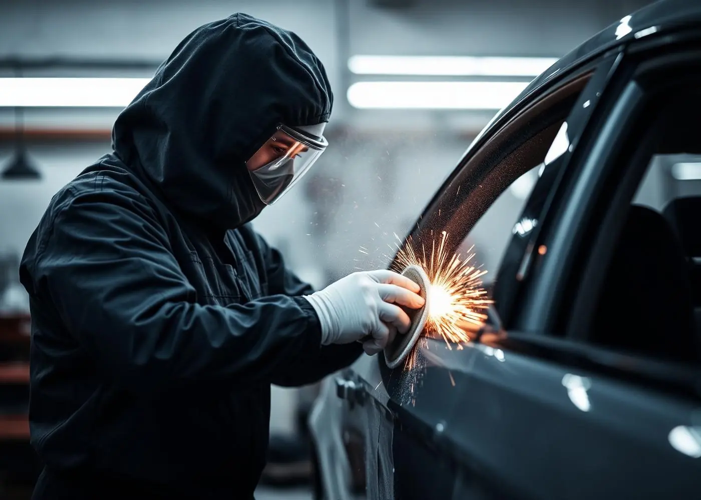 Technician repairing a dented door panel