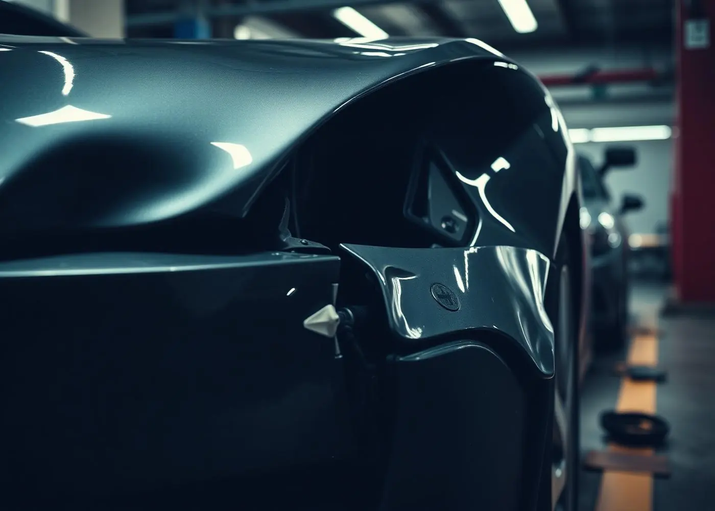 Car with collision damage in the repair bay