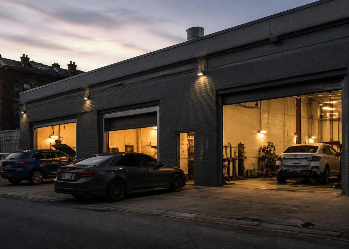 Exterior of the Send2Paint Autocare workshop in Astoria at dusk