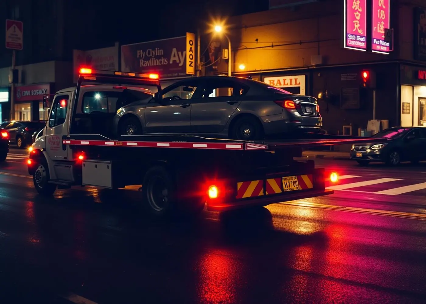 Flatbed tow truck loading a damaged car at night